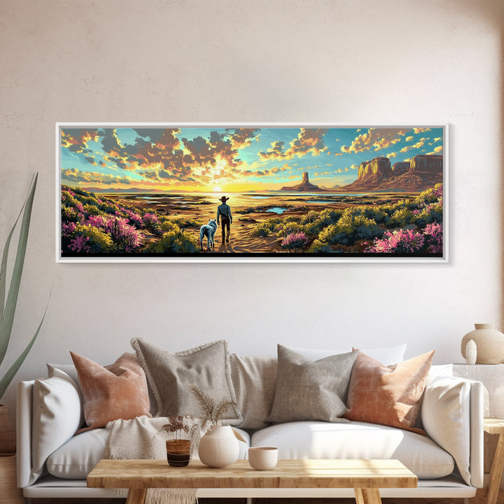 Cowboy And Dog Desert Sunset Framed Canvas Print, Western Landscape Art, Wildflower Wall Decor, Large Home Decor Gift Print
