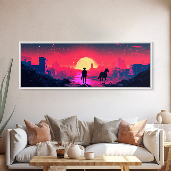 Neon Cowboy And Horse Dystopian City Wall Art, Cyberpunk Sunset Landscape, Sci Fi Poster, Large Gaming Room Decor Gift Print