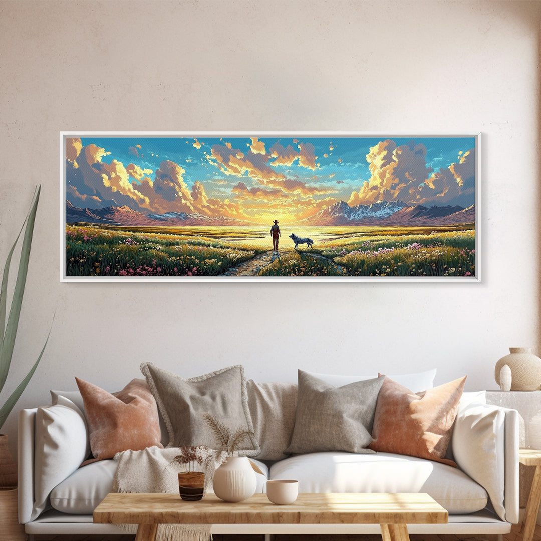 Lone Cowboy And Dog Wildflower Prairie Canvas Print, Mountain Landscape Wall Art, Western Home Decor, Housewarming Gift Print
