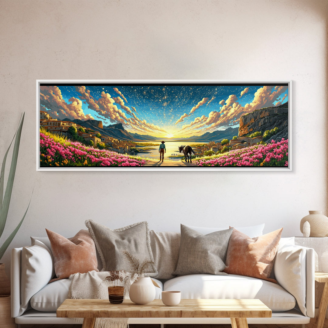 Starry Coastal Valley Rider Wall Art, Horse And Wildflower Landscape, Mediterranean Travel Poster, Large Living Room Decor
