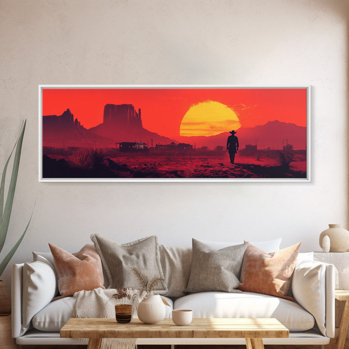 Red Western Cowboy Sunset Canvas Print, Desert Mesa Landscape Wall Art, Rustic Southwest Decor, Large Man Cave Gift Print