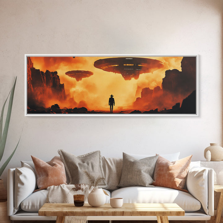 Cowboy Facing Giant UFOs Framed Canvas Print, Sci Fi Desert Canyon Wall Art, Dystopian Western Poster, Man Cave Decor Gift Print