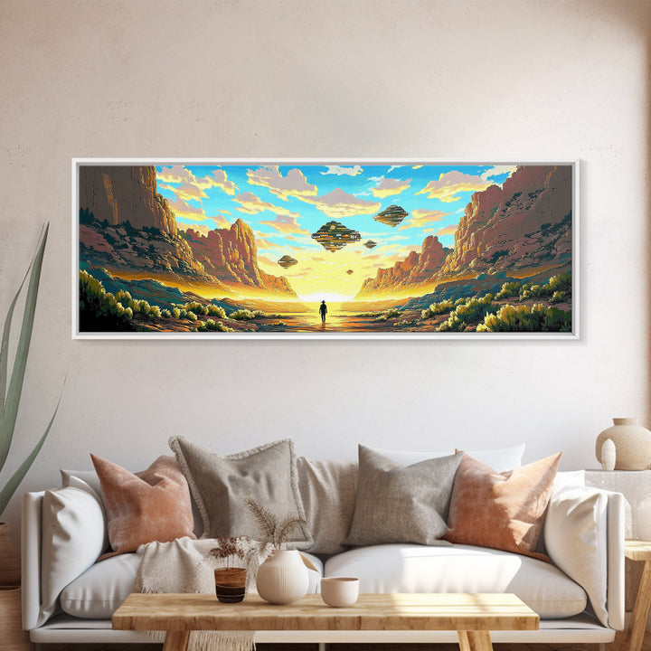 Alien Canyon Explorer With UFOs Canvas Print, Panoramic Sci Fi Desert Landscape Wall Art For Gaming Room Decor And Office Decor