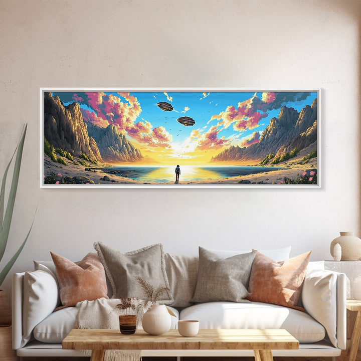 Pastel Alien Coast With UFOs Framed Canvas Print, Panoramic Sci Fi Ocean Landscape Wall Art For Beach House Decor And Living Room Decor