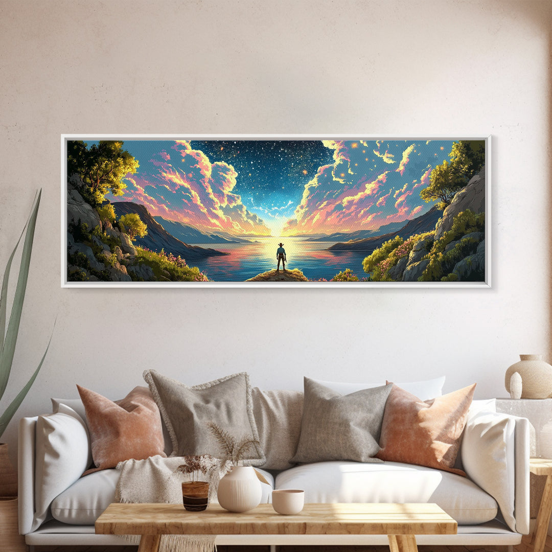Starlit Lake Explorer Under Pink Clouds Canvas Print, Panoramic Celestial Landscape Wall Art For Dreamy Bedroom Decor And Office Decor