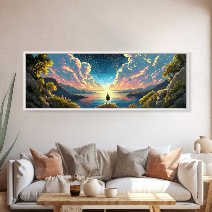 Starlit Lake Explorer Under Pink Clouds Canvas Print, Panoramic Celestial Landscape Wall Art For Dreamy Bedroom Decor And Office Decor