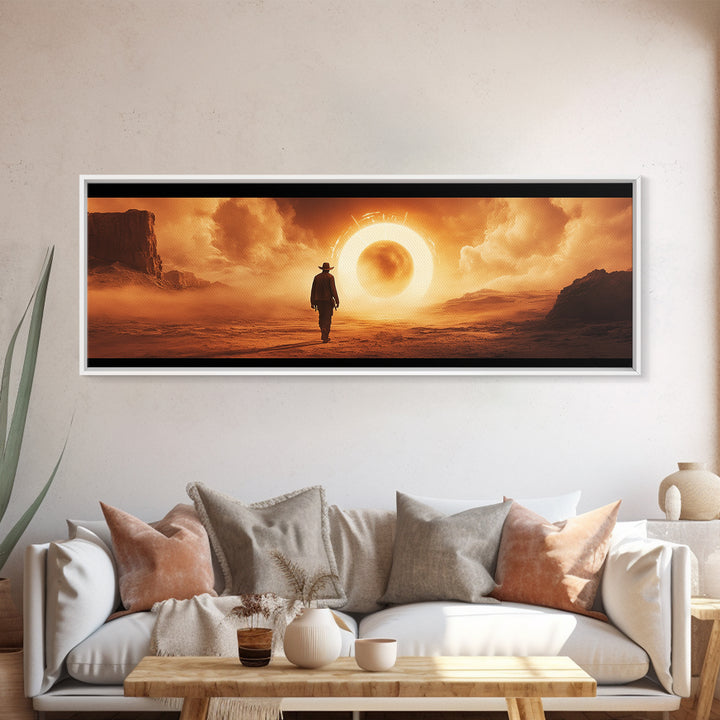 Surreal Desert Eclipse Cowboy Framed Canvas Print, Cinematic Western Landscape Wall Art For Man Cave Decor And Office Decor