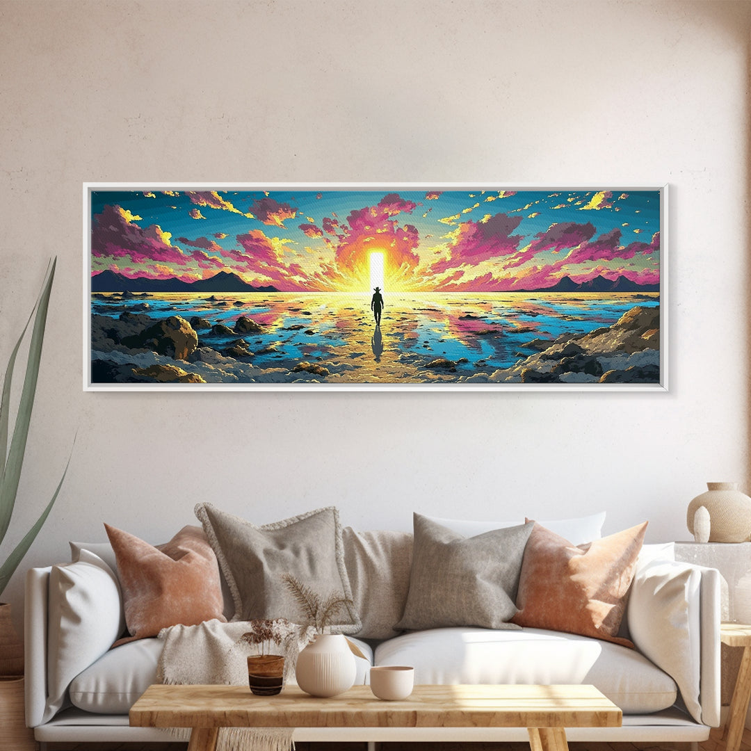 Vibrant Ocean Sunrise Explorer Canvas Print, Panoramic Sci Fi Seascape Wall Art For Coastal Bedroom Decor And Living Room