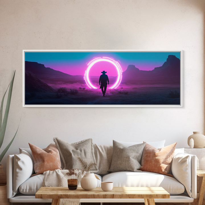 Neon Portal Cowboy In Purple Desert Framed Canvas Print, Synthwave Western Wall Art For Gaming Room Decor And Man Cave Decor