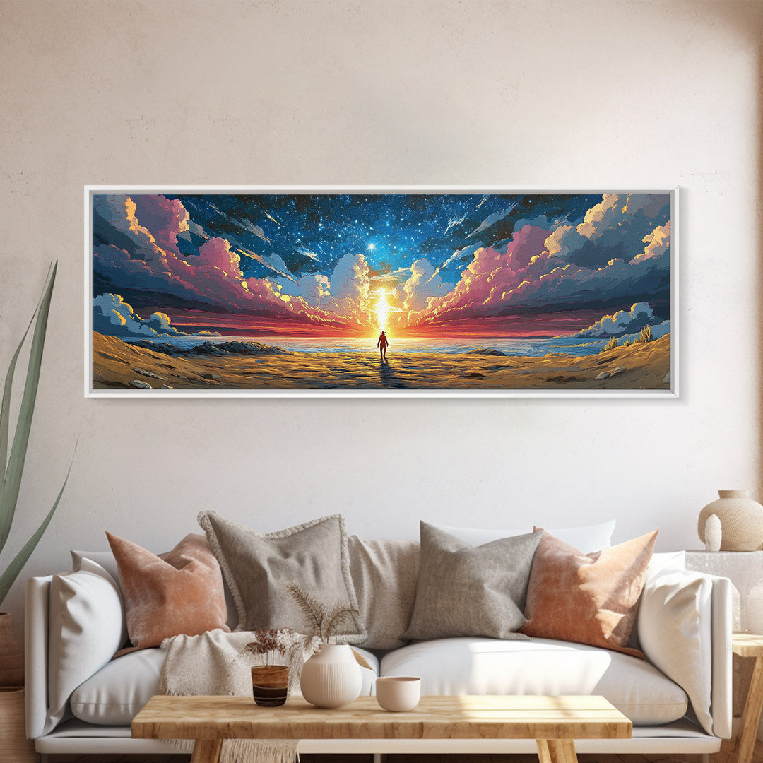 Cosmic Beach Explorer Beneath Starry Sky Canvas Print, Panoramic Sci Fi Seascape Wall Art For Space Lover Decor And Bedroom Decor