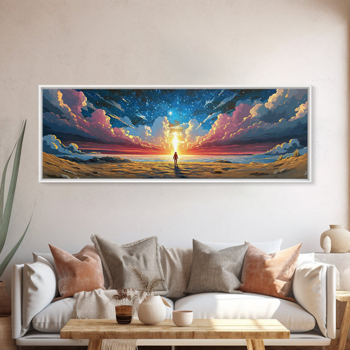 Cosmic Beach Explorer Beneath Starry Sky Canvas Print, Panoramic Sci Fi Seascape Wall Art For Space Lover Decor And Bedroom Decor