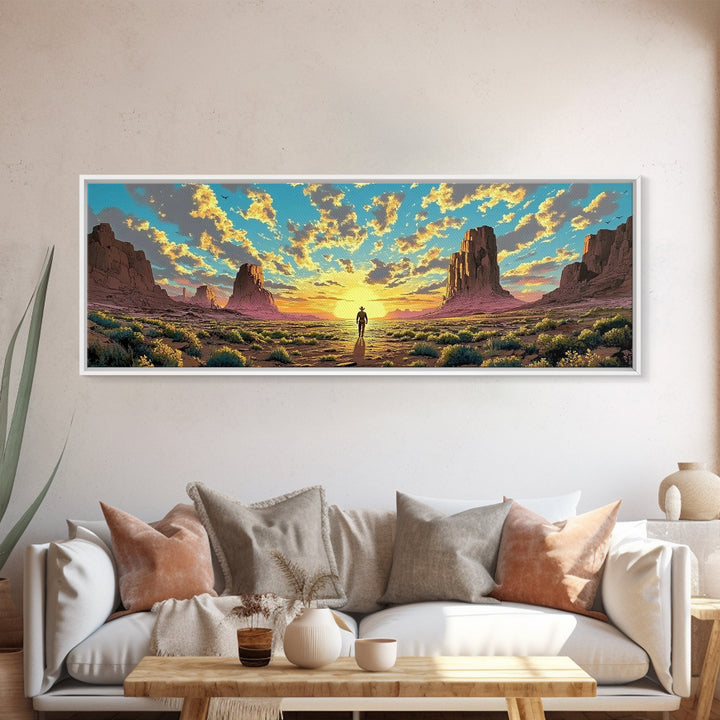 Monument Valley Cowboy At Sunrise Canvas Print, Panoramic Southwestern Desert Landscape Wall Art For Rustic Home Decor And Office Decor