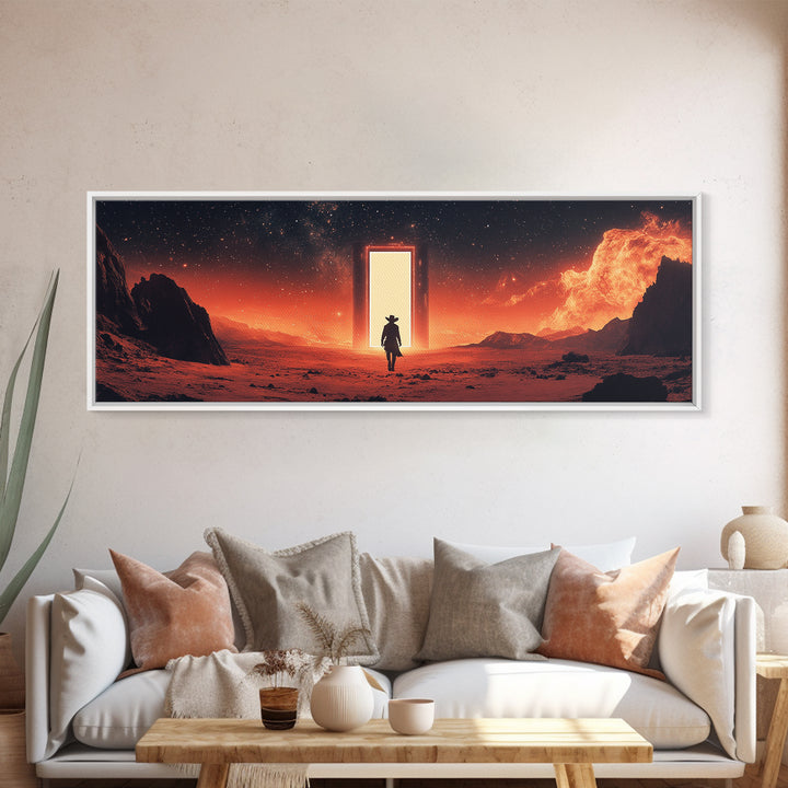 Glowing Portal In Red Desert, Lone Traveler Under Starry Sky, Sci Fi Western Canvas Print, Space Wall Art, Futuristic Decor
