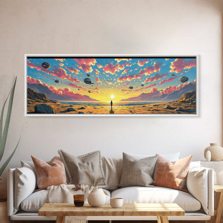 Pastel Alien Ships Over Sunset Shore, Lone Figure At Ocean Horizon, Sci Fi Wall Art, Coastal Canvas Print, Futuristic Decor