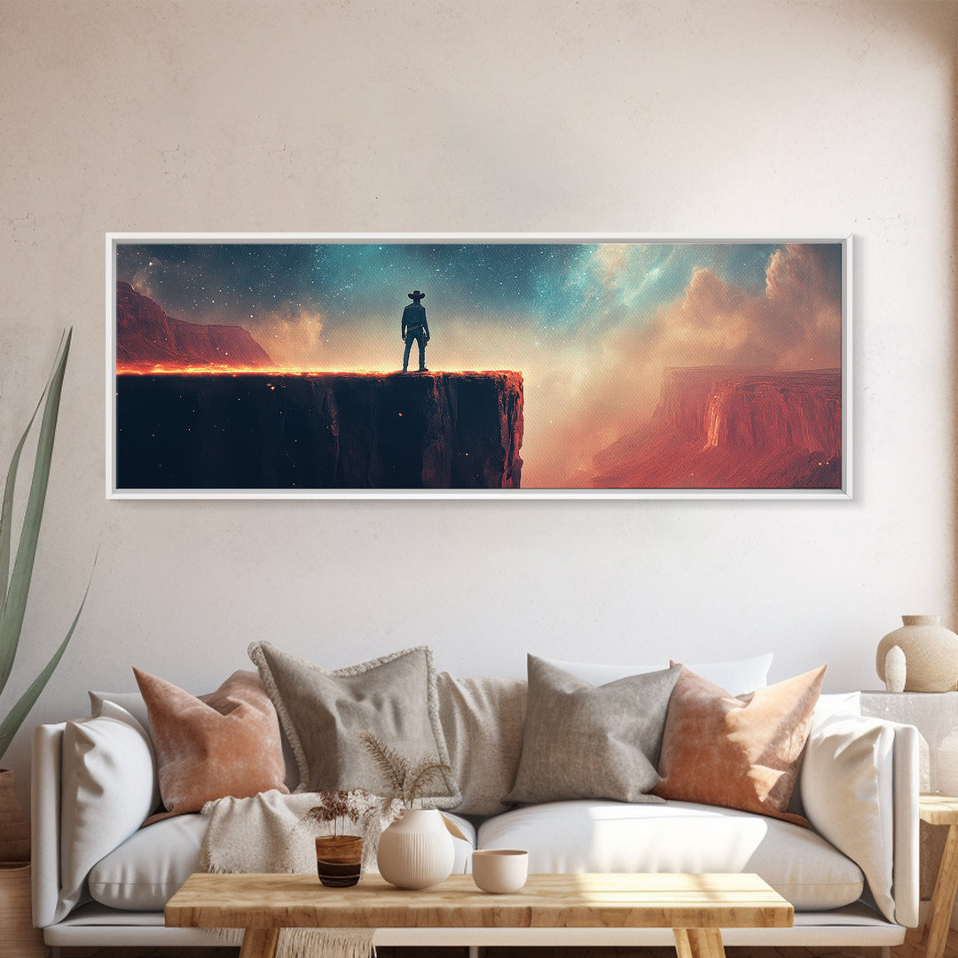 Cowboy On Glowing Canyon Cliff, Starry Teal Sky And Red Desert, Western Wall Art, Panoramic Canvas Print, Man Cave Decor