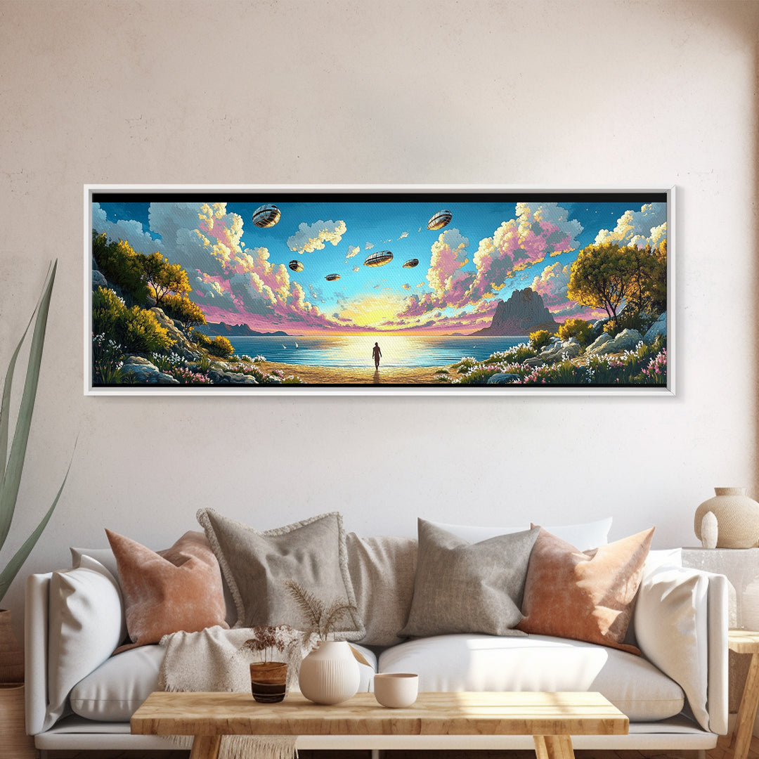 Alien Airships Above Flowered Coast, Lone Figure By Blue Sea, Whimsical Sci Fi Wall Art, Coastal Framed Canvas Print, Home Decor