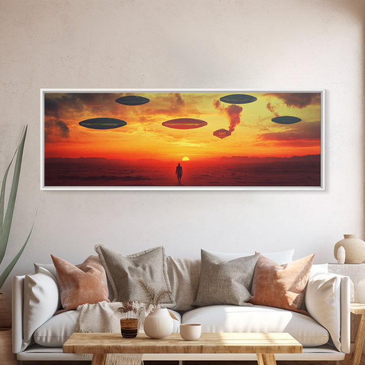 UFO Fleet Over Red Desert Sunset, Lone Traveler In Dystopian Landscape, Sci Fi Wall Art, Futuristic Canvas Print, Space Decor