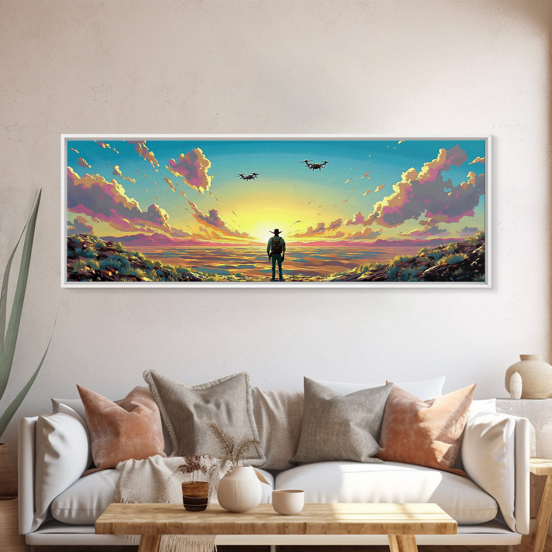 Cowboy Facing Drone Ships At Golden Sunrise, Pink Cloud Meadow Landscape Wall Art, Western Canvas Print, Futuristic Decor