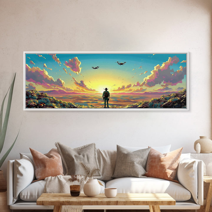 Cowboy Facing Drone Ships At Golden Sunrise, Pink Cloud Meadow Landscape Wall Art, Western Canvas Print, Futuristic Decor