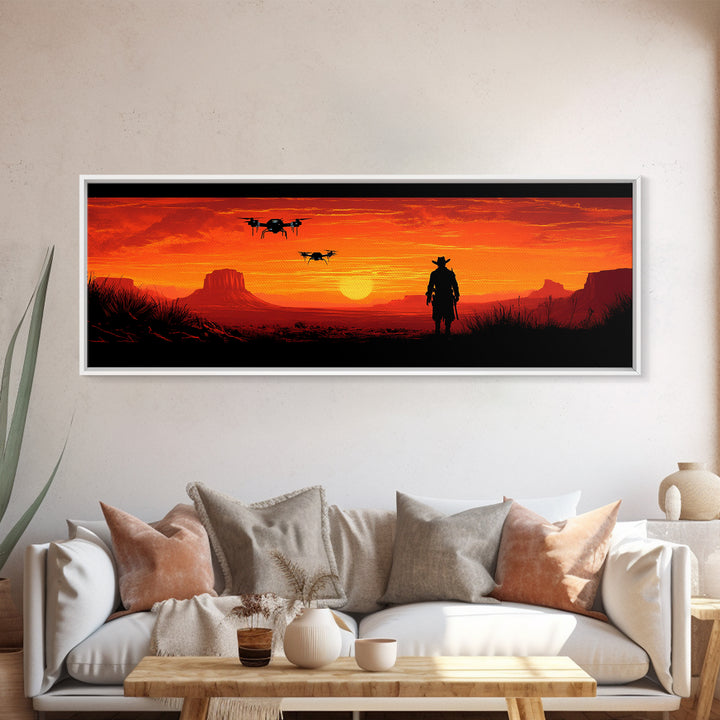 Silhouetted Cowboy With Drones At Orange Desert Sunset, Western Wall Art, Sci Fi Canvas Print, Man Cave Decor, Southwest Art
