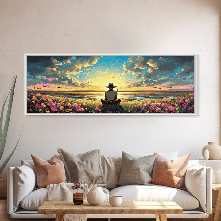 Seated Traveler In Flowered Meadow, Golden Sky Over Wide Valley, Peaceful Wall Art, Landscape Canvas Print, Cozy Home Decor
