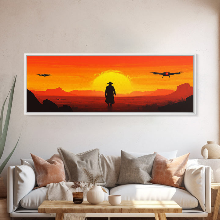 Lone Cowboy And Hovering Drones At Blazing Sun, Red Desert Western Wall Art, Sci Fi Canvas Print, Futuristic Home Decor, Desert Art