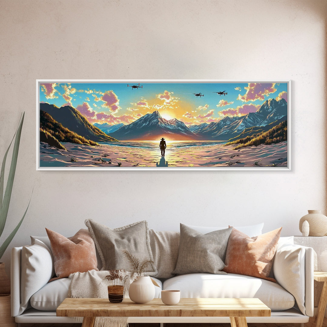 Snowy Alpine Sunset Explorer Wall Art, Panoramic Canvas Print, Mountain Landscape, Sci Fi Decor, Large Living Room Decor