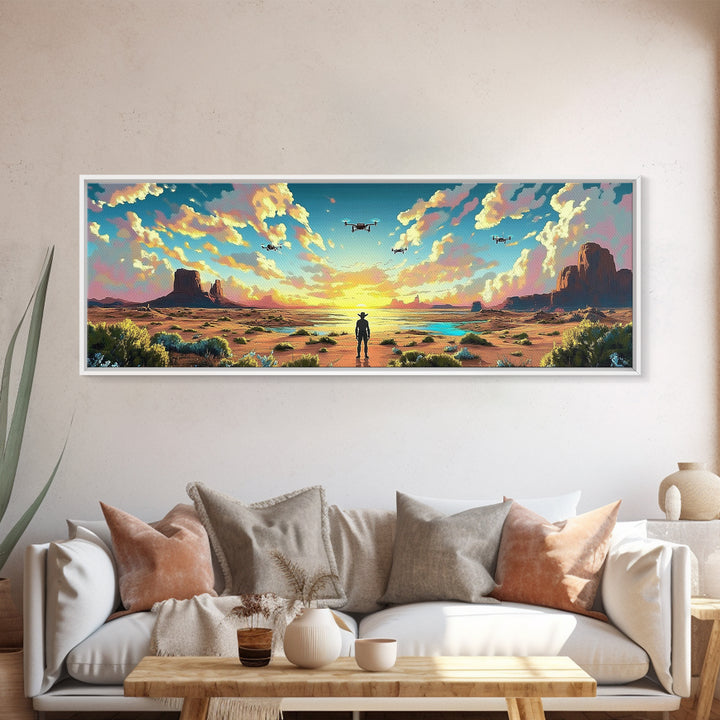 Desert Mesa Cowboy Wall Art, Panoramic Canvas Print, Western Landscape, Southwestern Decor, Large Living Room Wall Decor