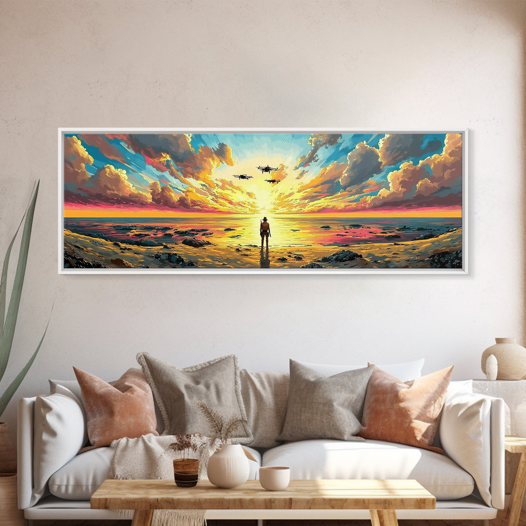 Radiant Ocean Sunset Explorer Wall Art, Panoramic Canvas Print, Coastal Seascape Art, Beach House Decor, Large Wall Decor