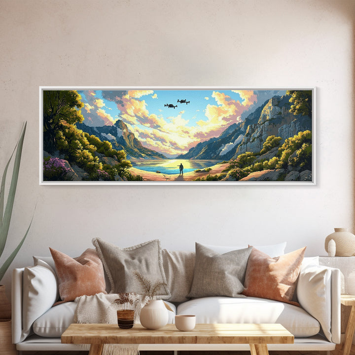 Verdant Mountain Lake Explorer Wall Art, Panoramic Canvas Print, Nature Landscape Art, Japandi Decor, Large Home Wall Decor