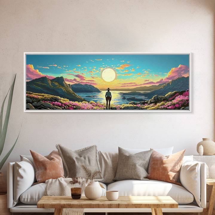 Full Moon Coastal Cowboy Wall Art, Panoramic Canvas Print, Ocean Landscape Art, Western Decor, Large Bedroom Wall Decor