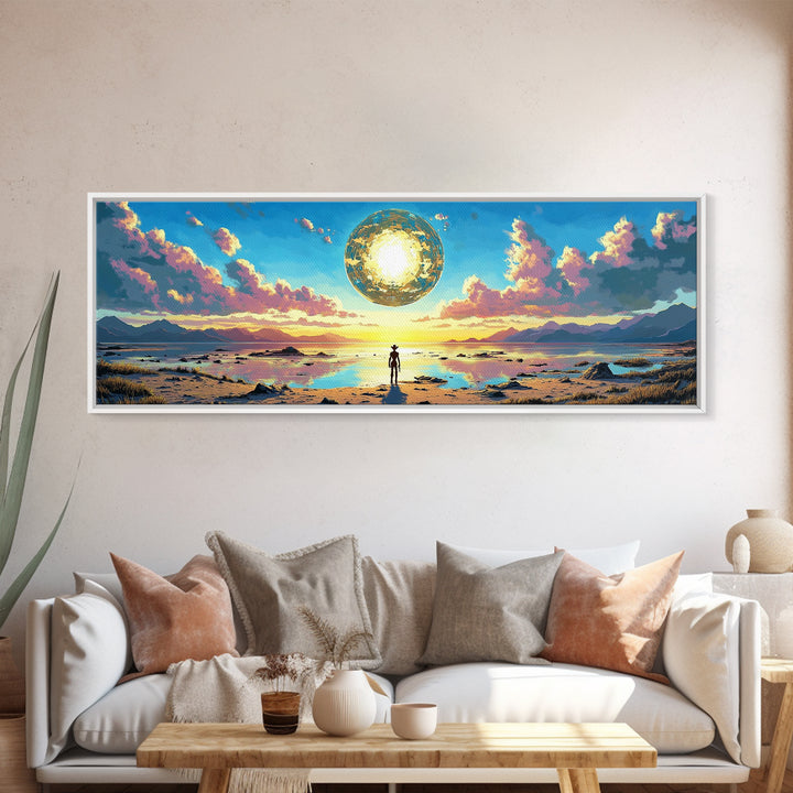 Golden Celestial Orb Wall Art, Panoramic Canvas Print, Modern Sci Fi Landscape, Surreal Art, Large Living Room Wall Decor