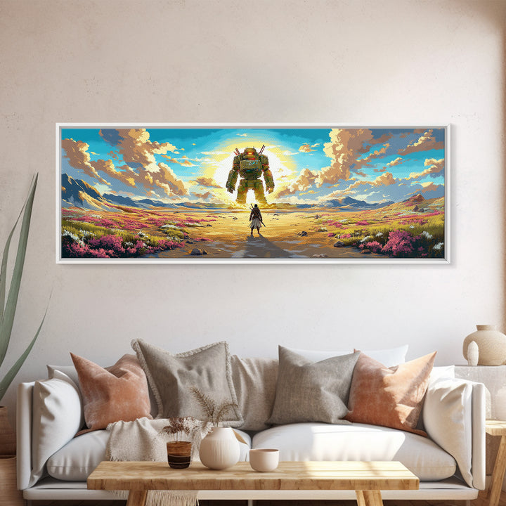 Colossal Mech And Wanderer Wall Art, Panoramic Canvas Print, Futuristic Landscape, Sci Fi Decor, Large Gaming Room Decor