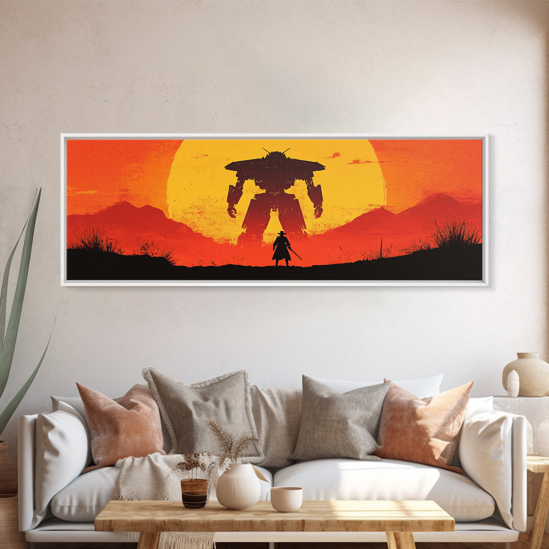 Samurai Facing Giant Mech At Orange Sunset Wall Art, Retro Sci Fi Fantasy Poster, Gaming Room Decor, Futuristic Canvas Print