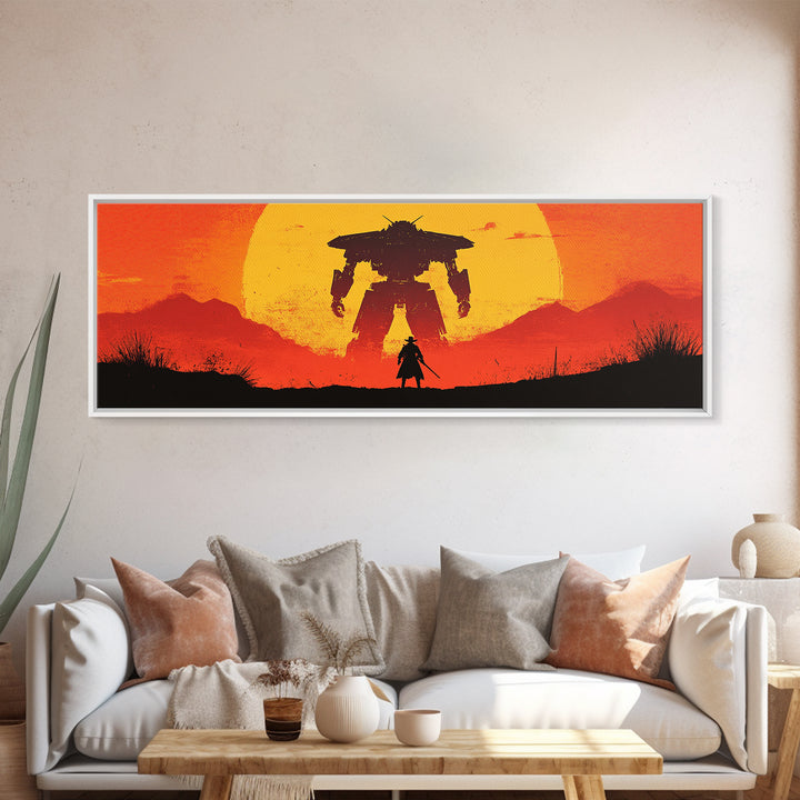 Samurai Facing Giant Mech At Orange Sunset Wall Art, Retro Sci Fi Fantasy Poster, Gaming Room Decor, Futuristic Canvas Print