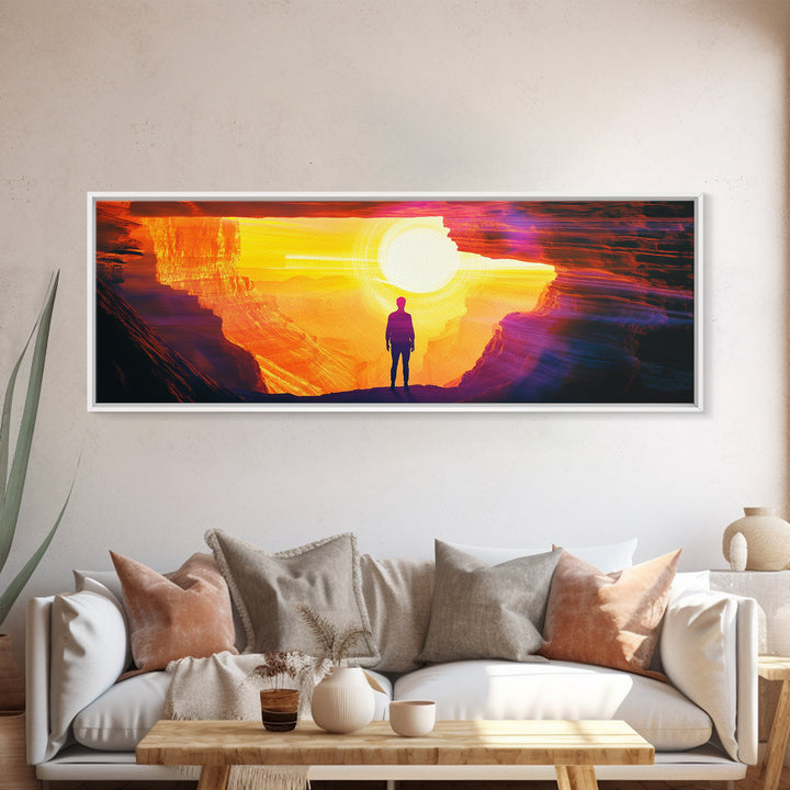 Lone Figure In Glowing Canyon Portal Canvas Print, Abstract Desert Landscape Wall Art, Modern Sci Fi Home Decor, Oversized Living Room Decor