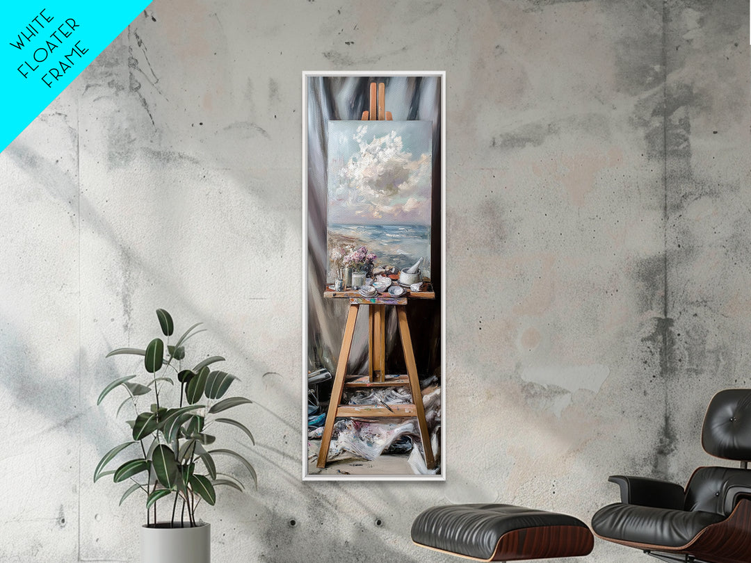 Seascape Painting On Studio Easel Framed Canvas Print, Coastal Wall Art, Artist Gift, Ocean Decor, Art Studio Home Decor