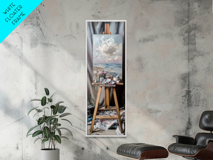 Seascape Painting On Studio Easel Framed Canvas Print, Coastal Wall Art, Artist Gift, Ocean Decor, Art Studio Home Decor