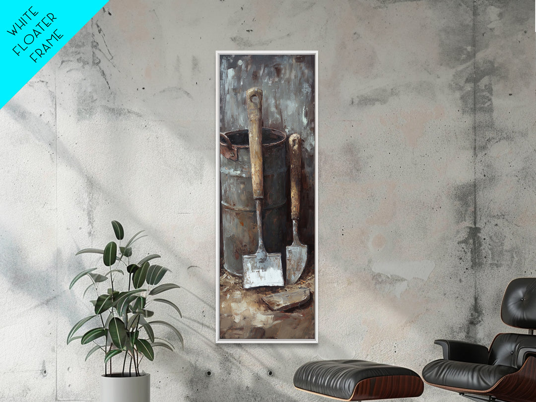 Rustic Shovels In Metal Bucket Canvas Print, Farmhouse Wall Decor, Garden Tool Still Life, Industrial Office Decor Gift For Him
