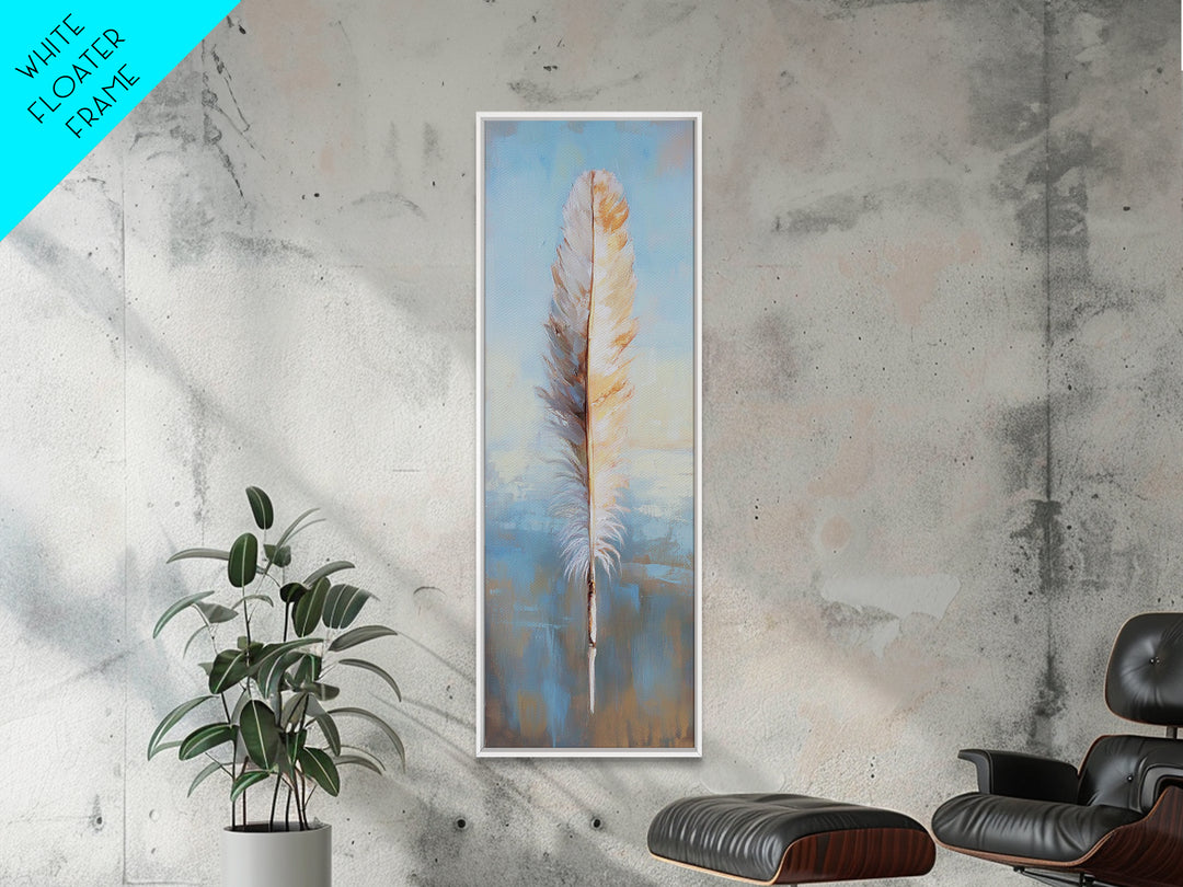 Single White Feather On Blue Horizon Wall Art, Minimalist Coastal Decor, Boho Nature Art Print, Calming Bedroom Decor Gift