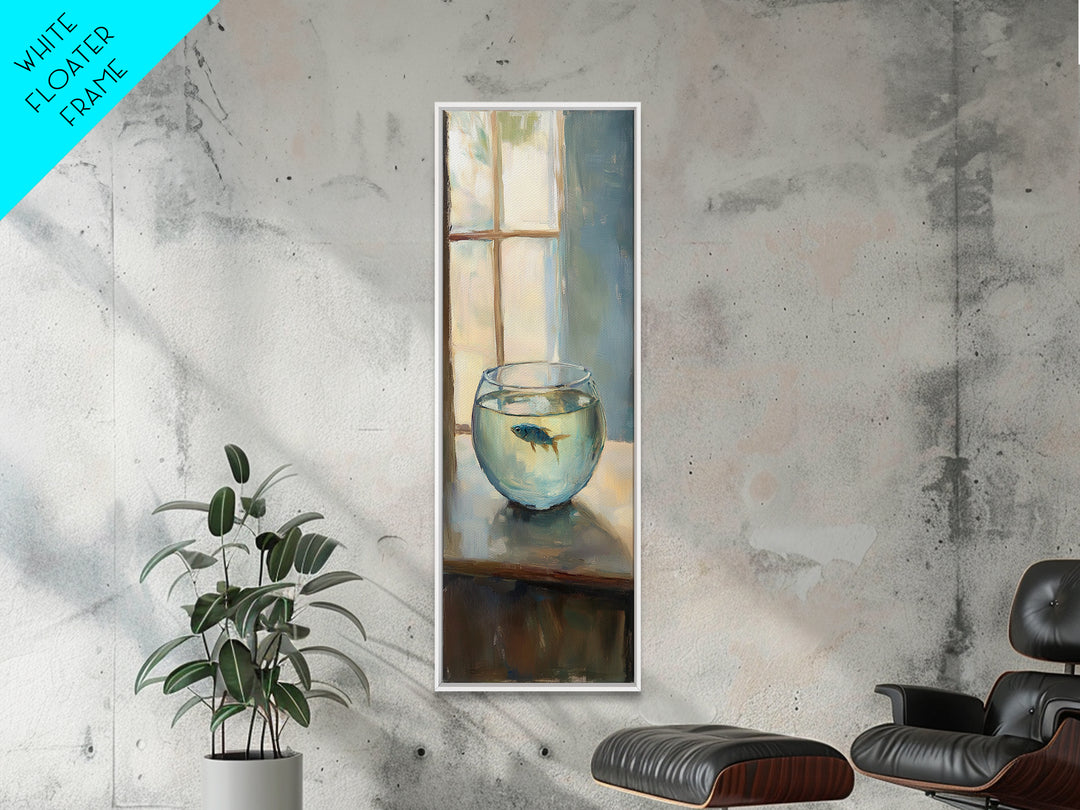 Goldfish Bowl By Window Canvas Print, Whimsical Animal Wall Art, Coastal Bathroom Decor, Kids Room Art, Unique Gift, Fish Painting