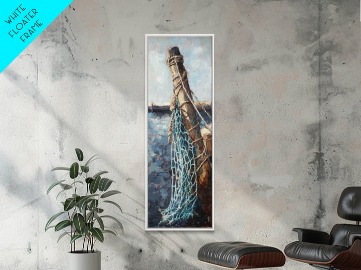 Weathered Dock Piling And Fishing Net Wall Art, Nautical Coastal Decor, Ocean Painting, Beach House Decor, Gift For Him, Lake House Art