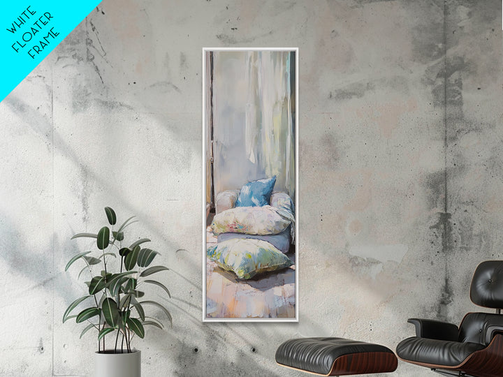 Cozy Window Pillows Framed Canvas Print, Soft Neutral Wall Art, Bedroom Decor, Above Bed Art, Guest Room Decor Gift For Her