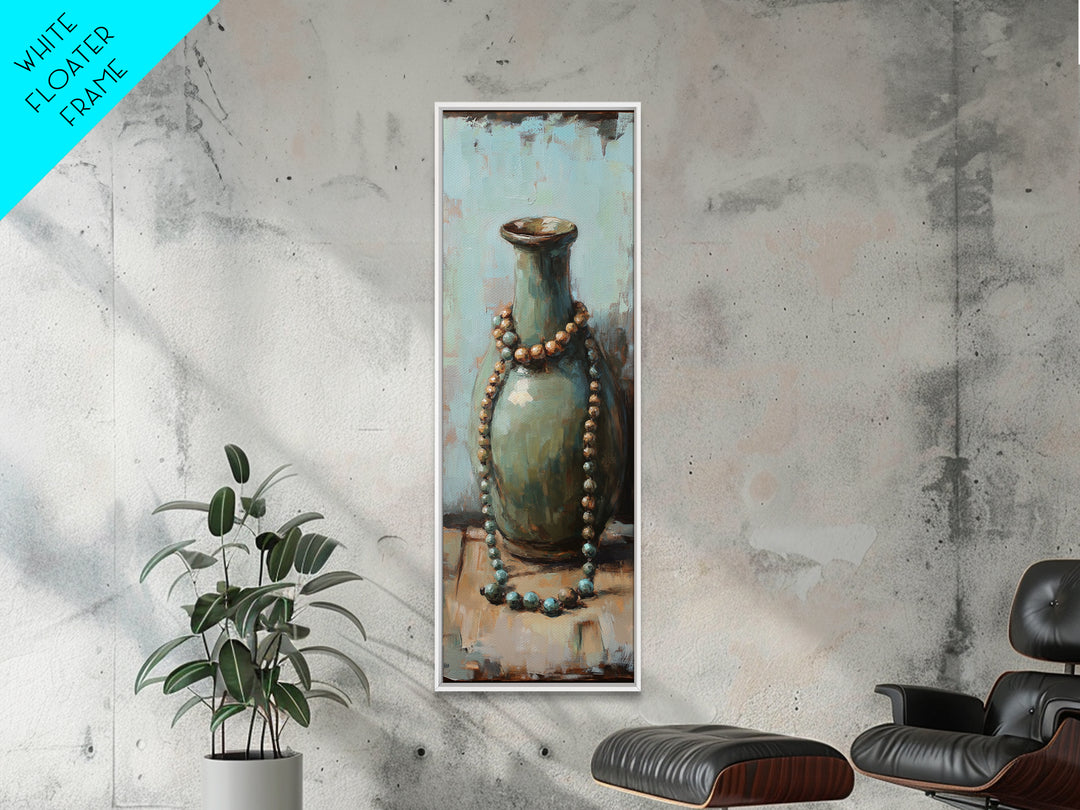 Turquoise Ceramic Vase With Beaded Necklace Canvas Print, Boho Wall Art, Still Life Painting, Eclectic Home Decor Gift For Her