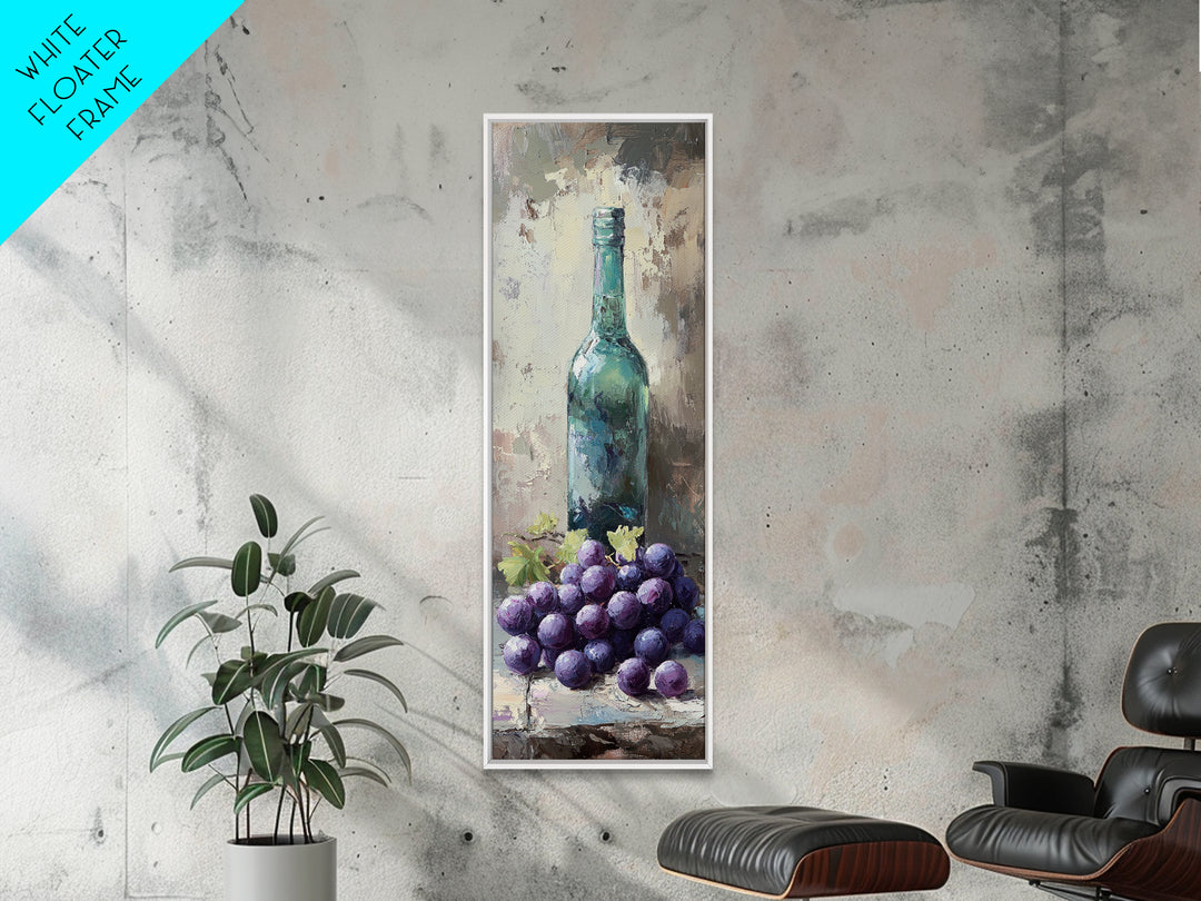 Teal Wine Bottle With Purple Grapes Canvas Print, Winery Wall Art, Rustic Kitchen Decor, Still Life Art For Dining Room Decor