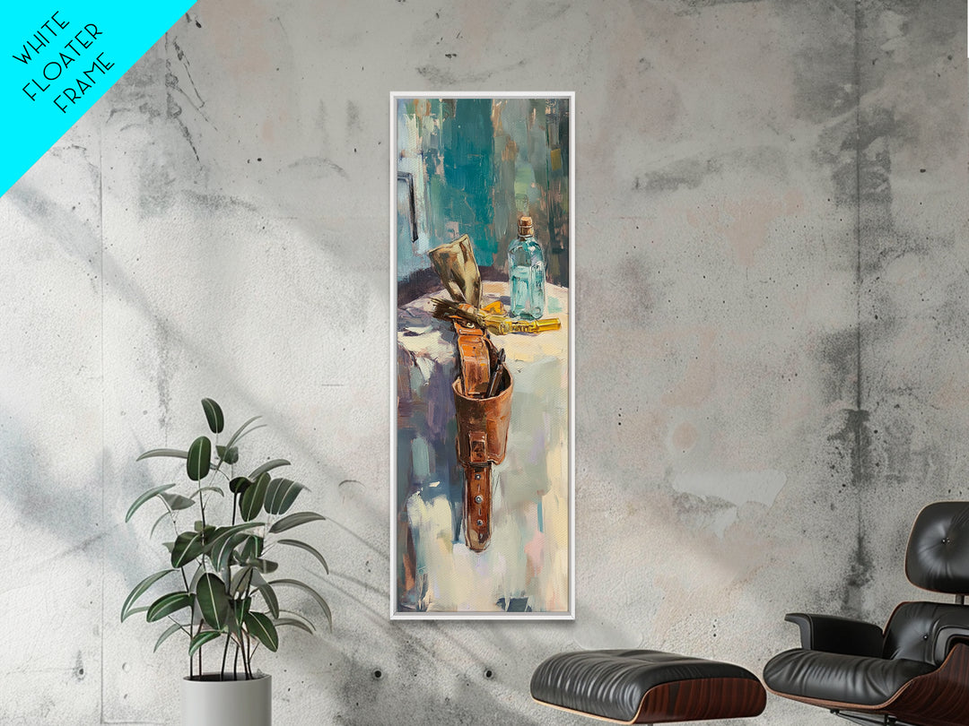 Leather Satchel And Blue Bottle Studio Still Life Framed Canvas Print, Rustic Wall Art, Office Decor, Gift For Him, Man Cave Decor