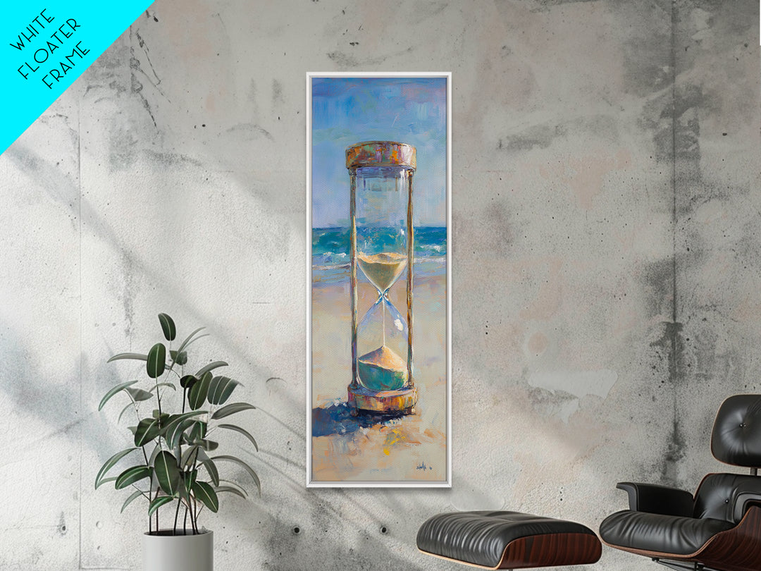 Beach Hourglass On Sandy Shore Canvas Print, Coastal Oil Painting, Nautical Ocean Wall Decor For Beach House Living Room