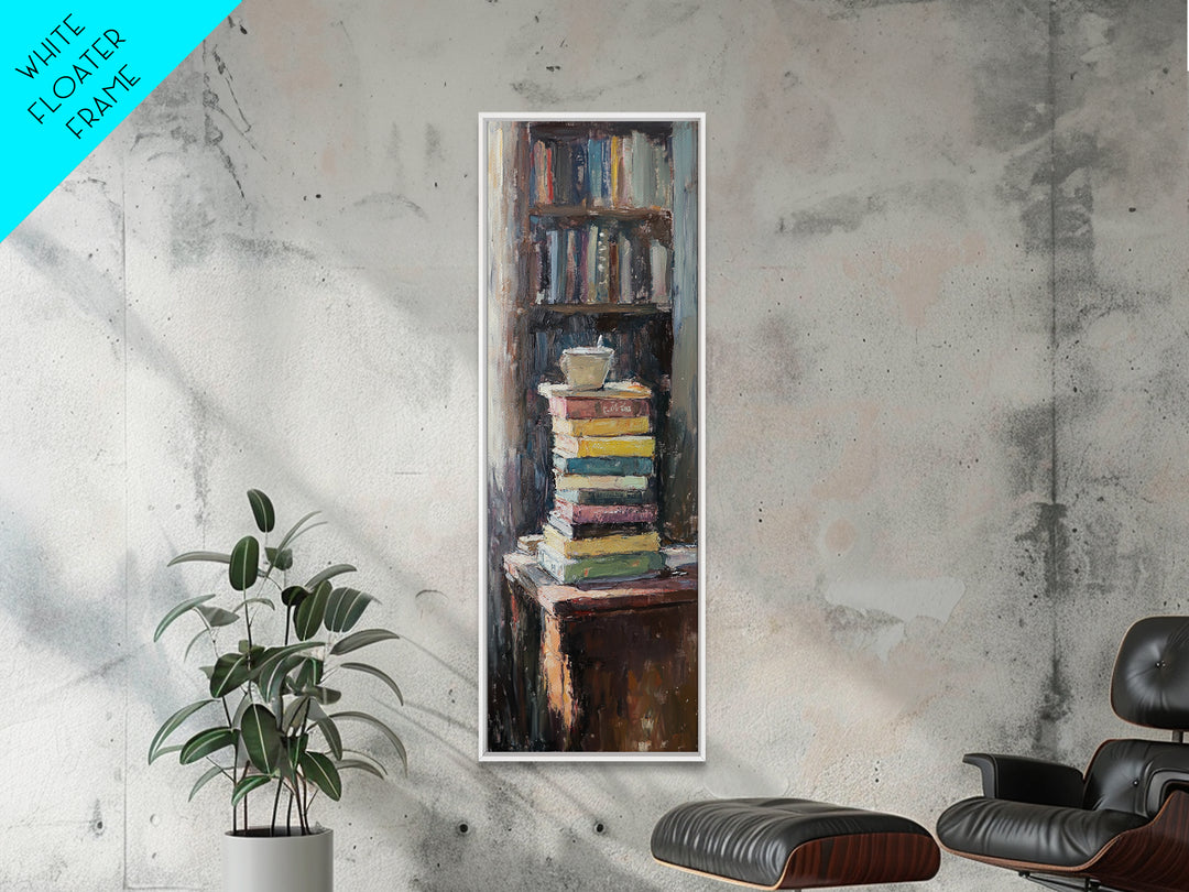 Stack Of Books And Coffee Mug Wall Art, Cozy Library Oil Painting Print, Book Lover Reading Nook Home Office Decor Gift For Readers
