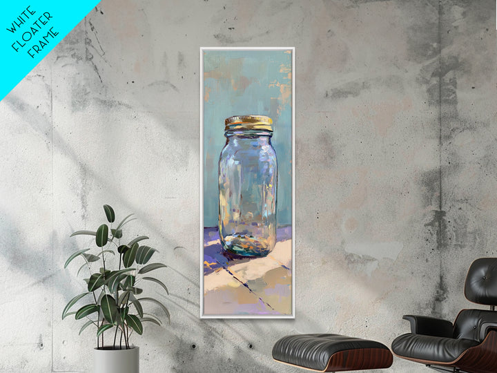 Clear Mason Jar On Blue Table Wall Art, Modern Rustic Still Life Oil Painting Print, Minimal Farmhouse Kitchen Home Decor Gift