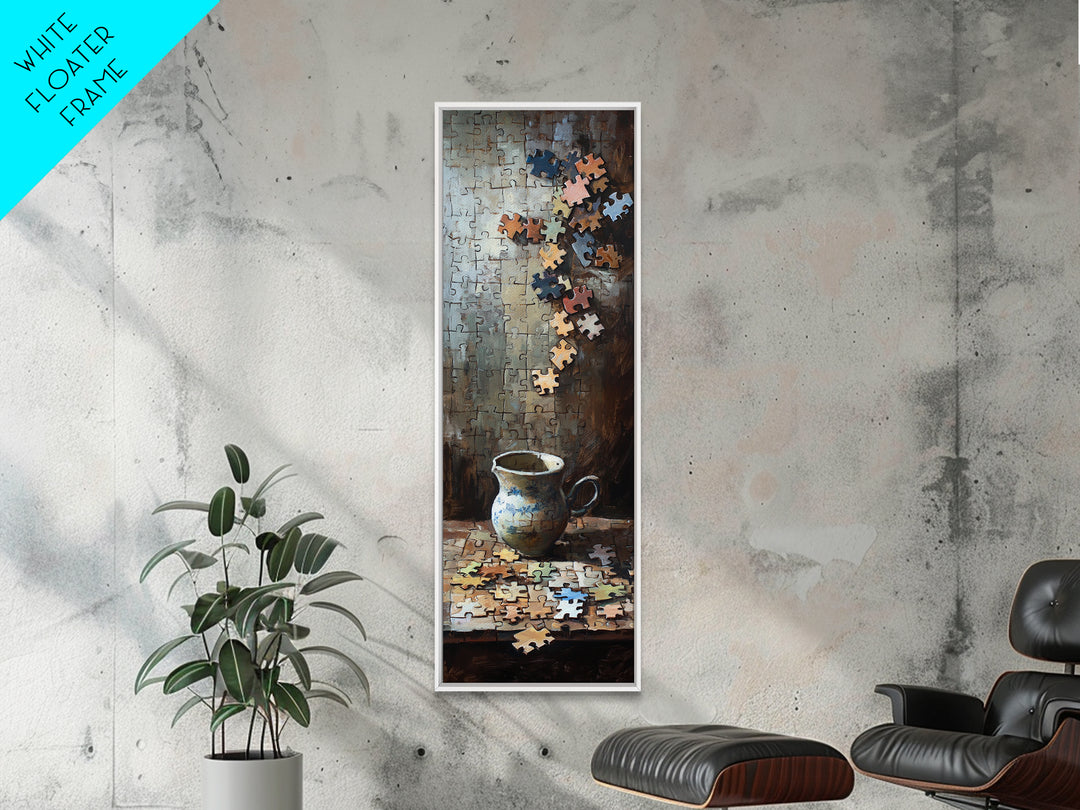 Floating Puzzle Pieces And Teacup Wall Art, Whimsical Still Life Oil Painting Print, Eclectic Game Room Home Decor Gift Idea